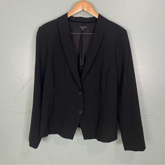 Eileen Fisher Black Wool Blend Crepe Blazer 2 Button Closure Sz L - Picture 1 of 9